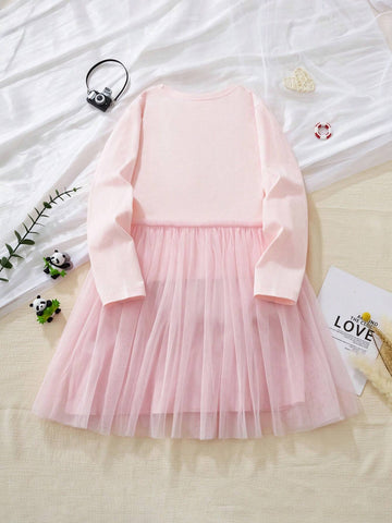 Young Girl Long Sleeve Mesh Overlay Dress With Ballet Dancer Print, Fashionable & Cute Princess Style For Autumn