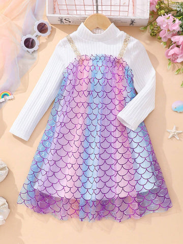 Young Girl Long Sleeve Mock Neck Scale Mesh & Ribbed Splice 2 In 1 Dress