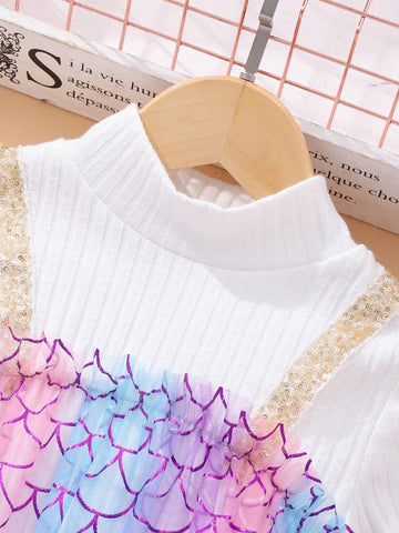 Young Girl Long Sleeve Mock Neck Scale Mesh & Ribbed Splice 2 In 1 Dress