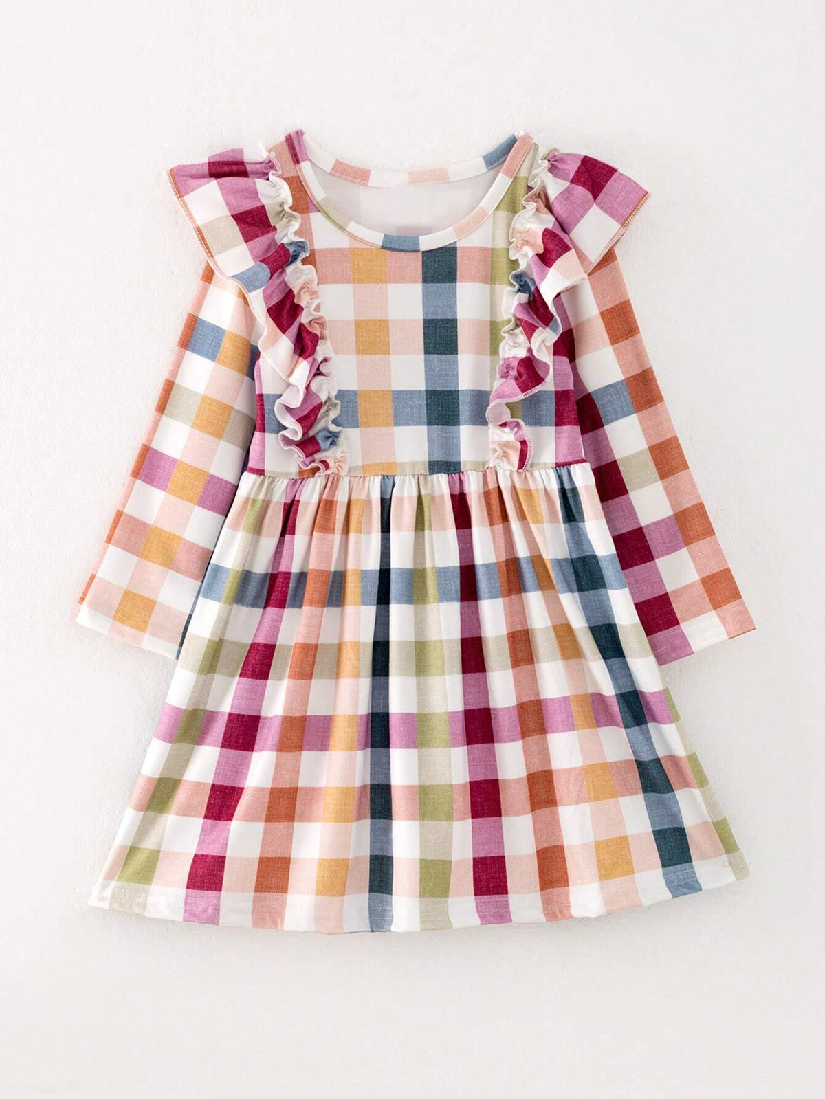 Young Girl Long Sleeve Multi-Color Plaid Dress With Ruffle Trim