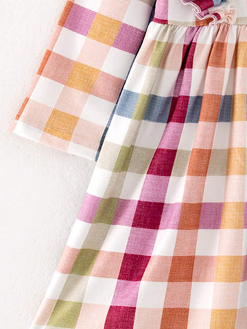 Young Girl Long Sleeve Multi-Color Plaid Dress With Ruffle Trim