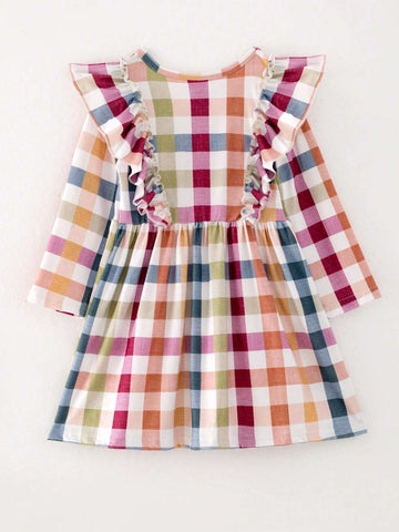 Young Girl Long Sleeve Multi-Color Plaid Dress With Ruffle Trim