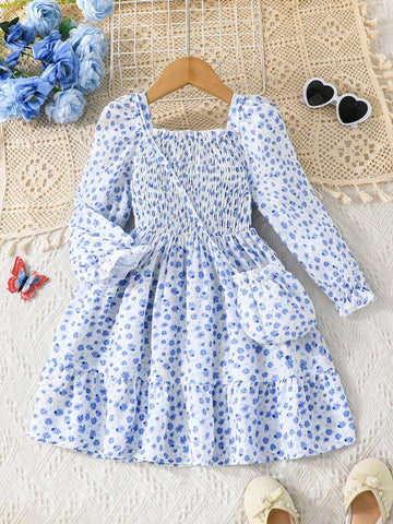 Young Girl Long Sleeve Off-Shoulder Ditsy Floral Dress & Cute Bag Set, Casual Ladylike For Outdoor, Autumn