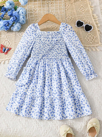 Young Girl Long Sleeve Off-Shoulder Ditsy Floral Dress & Cute Bag Set, Casual Ladylike For Outdoor, Autumn