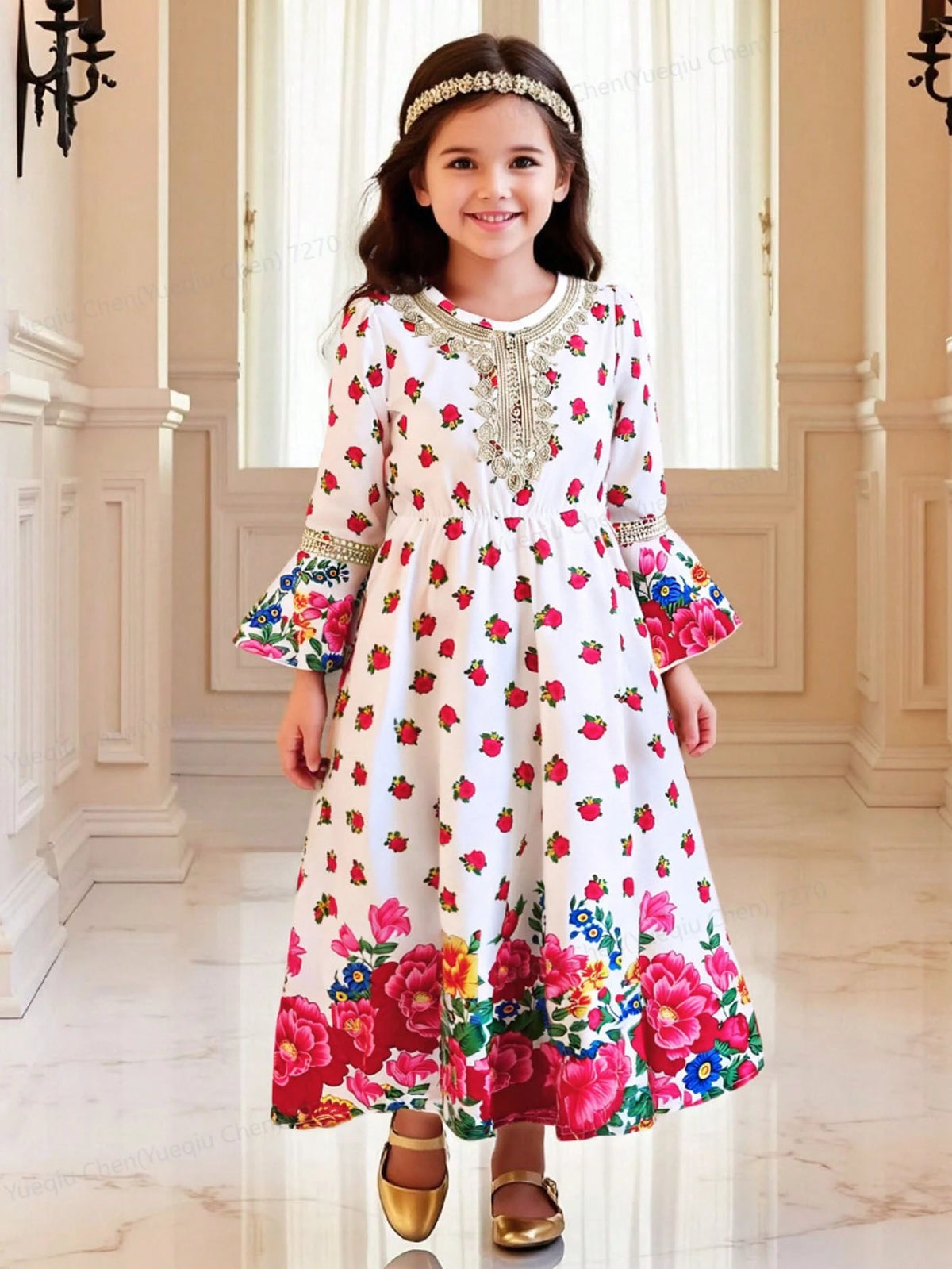Young Girl Long Sleeve Printed Simple Fashionable Casual Daily Dress