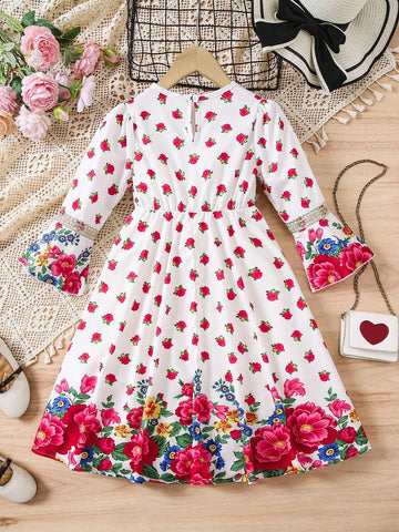 Young Girl Long Sleeve Printed Simple Fashionable Casual Daily Dress