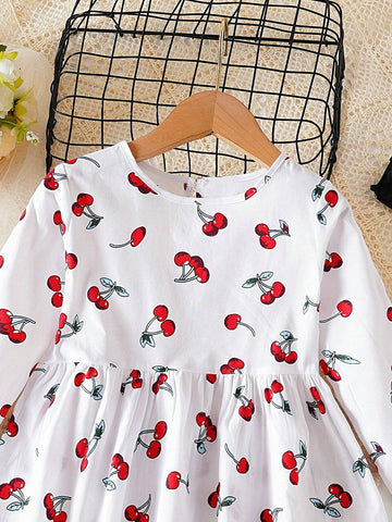 Young Girl' Long Sleeved Dress Cherry Casual Princess Dress Young Girl Spring And Autumn Short Skirt