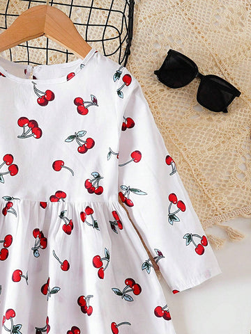 Young Girl' Long Sleeved Dress Cherry Casual Princess Dress Young Girl Spring And Autumn Short Skirt