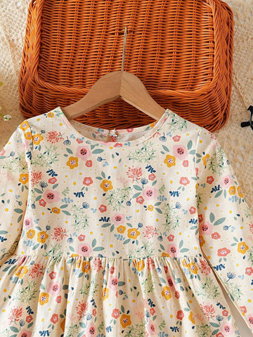 Young Girl' Long Sleeved Dress Floral Casual Princess Dress Young Girl Spring And Autumn Short Skirt