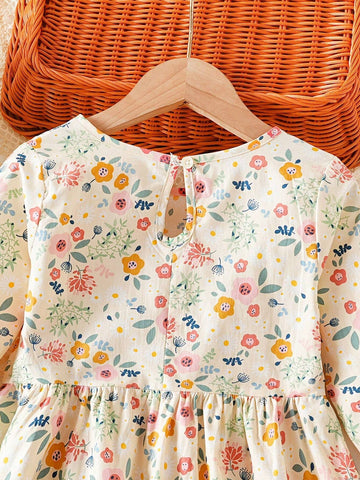Young Girl' Long Sleeved Dress Floral Casual Princess Dress Young Girl Spring And Autumn Short Skirt