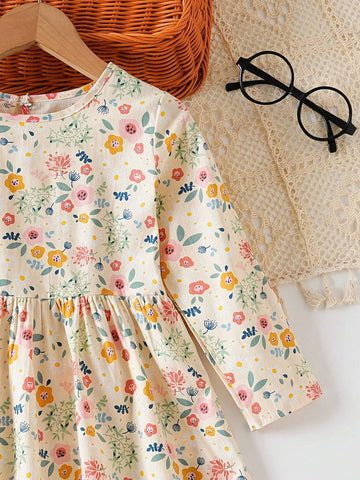 Young Girl' Long Sleeved Dress Floral Casual Princess Dress Young Girl Spring And Autumn Short Skirt