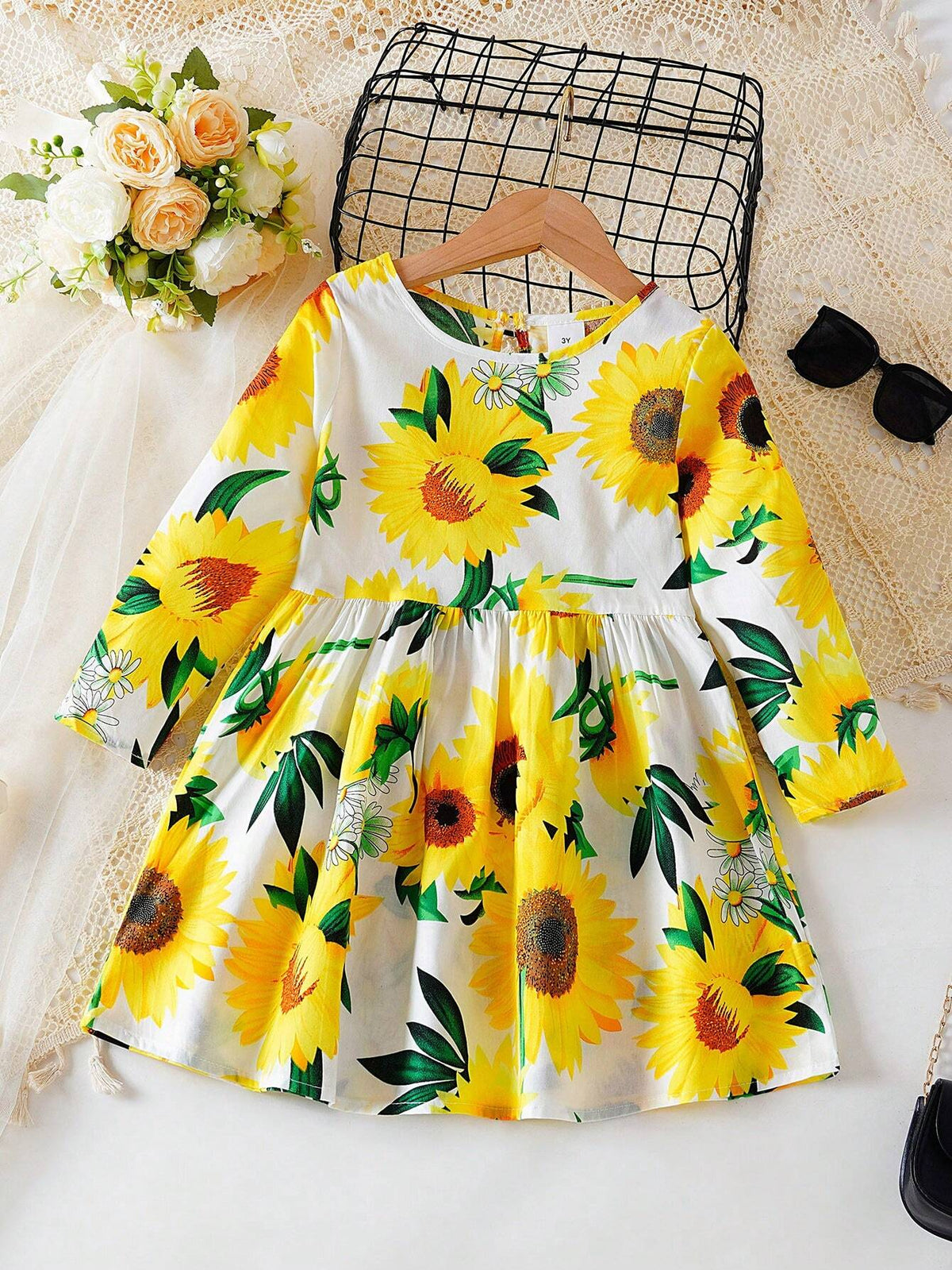 Young Girl' Long Sleeved Dress Sunflower Flower Casual Princess Dress Young Girl Spring And Autumn Short Skirt