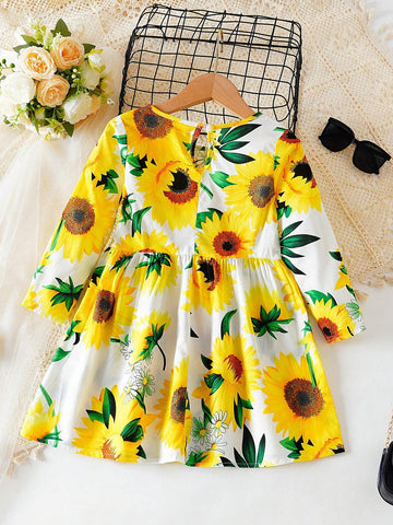 Young Girl' Long Sleeved Dress Sunflower Flower Casual Princess Dress Young Girl Spring And Autumn Short Skirt