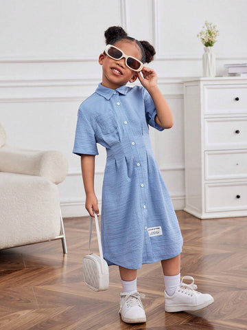 Young Girl Loose And Casual Knitted Simple Solid Color Turn-Down Collar Alphabet Pattern A-Line Dress