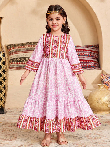 Young Girl Loose Casual Crew Neck Colorblock Floral Print Long Sleeve Dress