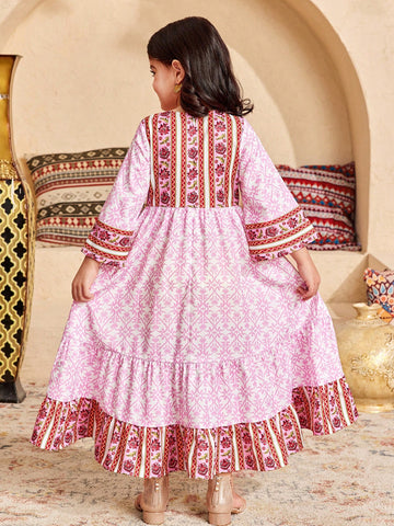 Young Girl Loose Casual Crew Neck Colorblock Floral Print Long Sleeve Dress