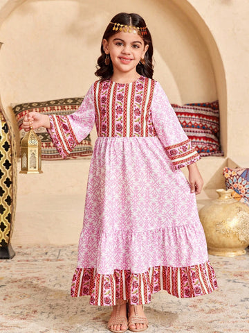 Young Girl Loose Casual Crew Neck Colorblock Floral Print Long Sleeve Dress