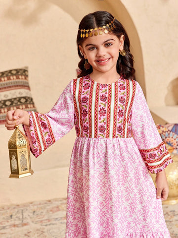 Young Girl Loose Casual Crew Neck Colorblock Floral Print Long Sleeve Dress