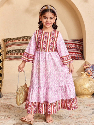 Young Girl Loose Casual Crew Neck Colorblock Floral Print Long Sleeve Dress