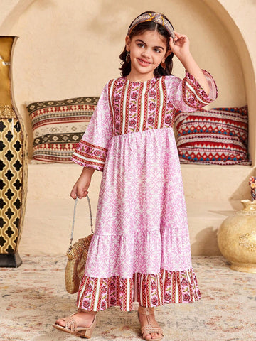 Young Girl Loose Casual Crew Neck Colorblock Floral Print Long Sleeve Dress