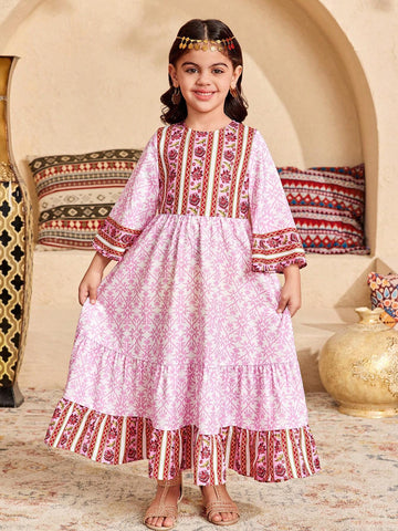 Young Girl Loose Casual Crew Neck Colorblock Floral Print Long Sleeve Dress