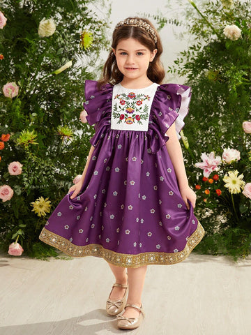 Young Girl Loose Casual Dress With Jacquard Floral Embroidery And Ruffled Hem