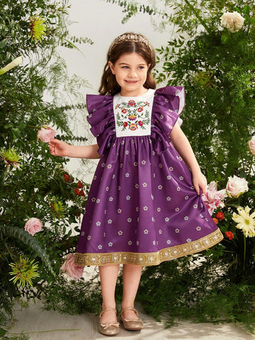 Young Girl Loose Casual Dress With Jacquard Floral Embroidery And Ruffled Hem