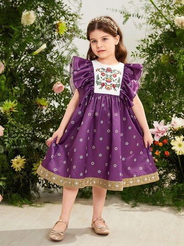 Young Girl Loose Casual Dress With Jacquard Floral Embroidery And Ruffled Hem