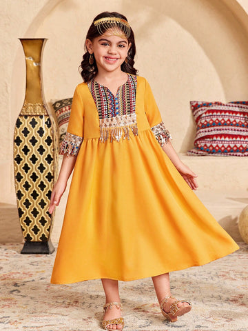 Young Girl Loose Casual Minimalist Comfortable Woven Belt Bead & Tassel Decor Dress