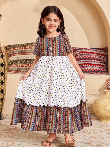 Young Girl Loose Casual Minimalist Comfy Round Neck Patchwork Pattern Short Sleeve Dress