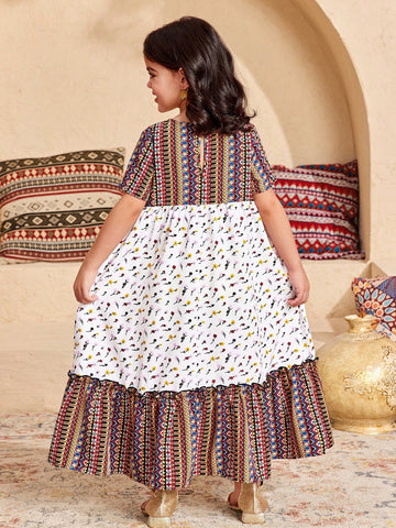 Young Girl Loose Casual Minimalist Comfy Round Neck Patchwork Pattern Short Sleeve Dress