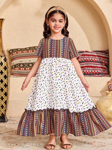 Young Girl Loose Casual Minimalist Comfy Round Neck Patchwork Pattern Short Sleeve Dress