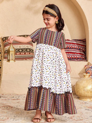 Young Girl Loose Casual Minimalist Comfy Round Neck Patchwork Pattern Short Sleeve Dress