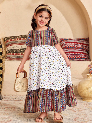 Young Girl Loose Casual Minimalist Comfy Round Neck Patchwork Pattern Short Sleeve Dress