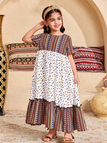 Young Girl Loose Casual Minimalist Comfy Round Neck Patchwork Pattern Short Sleeve Dress