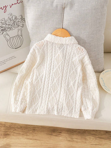 Young Girl Loose Fit White Rhombus Pattern Knit Casual Blouse
