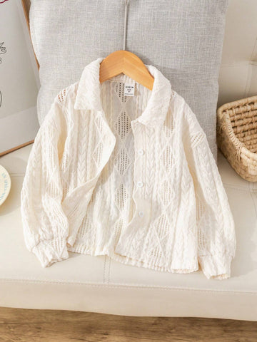 Young Girl Loose Fit White Rhombus Pattern Knit Casual Blouse