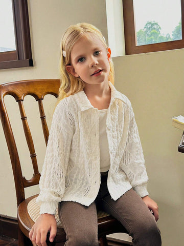 Young Girl Loose Fit White Rhombus Pattern Knit Casual Blouse