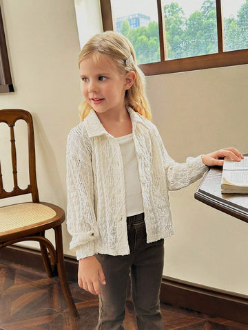 Young Girl Loose Fit White Rhombus Pattern Knit Casual Blouse