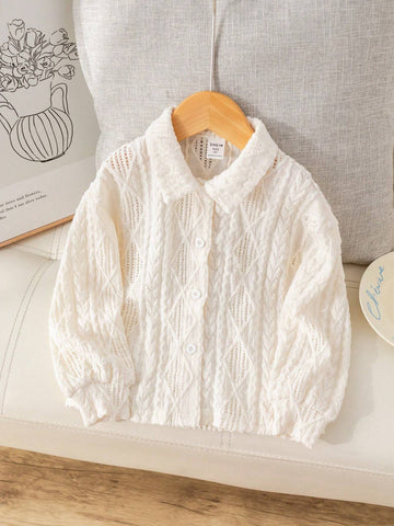 Young Girl Loose Fit White Rhombus Pattern Knit Casual Blouse