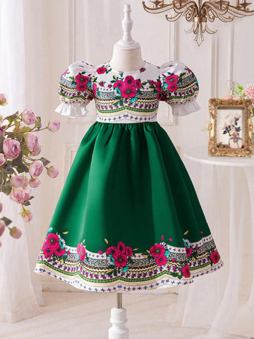 Young Girl Loose Vacation Style Floral Printed Dress With Puffy Sleeves And Round Neck,Ramandan Style Matching Family Vacation