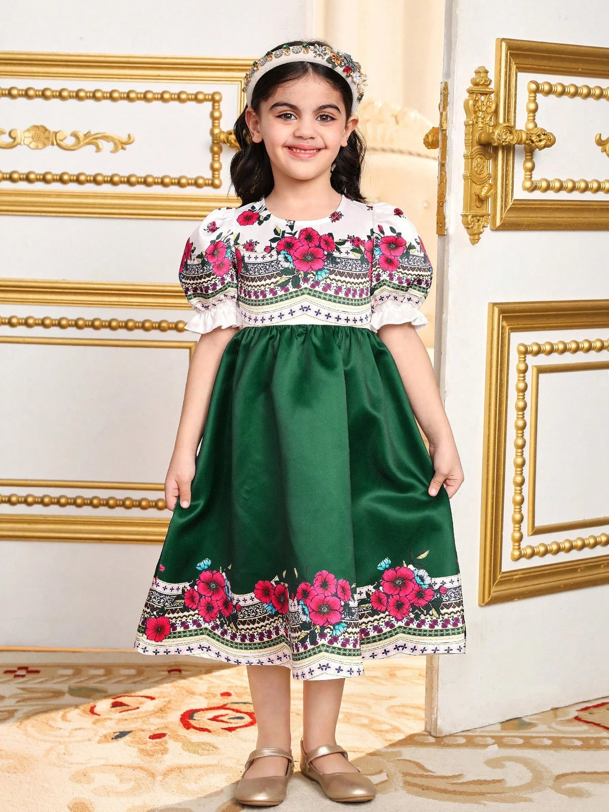 Young Girl Loose Vacation Style Floral Printed Dress With Puffy Sleeves And Round Neck,Ramandan Style Matching Family Vacation