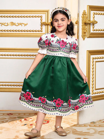 Young Girl Loose Vacation Style Floral Printed Dress With Puffy Sleeves And Round Neck,Ramandan Style Matching Family Vacation
