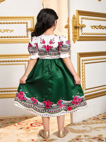 Young Girl Loose Vacation Style Floral Printed Dress With Puffy Sleeves And Round Neck,Ramandan Style Matching Family Vacation