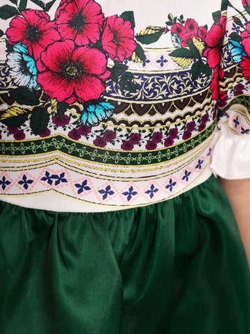 Young Girl Loose Vacation Style Floral Printed Dress With Puffy Sleeves And Round Neck,Ramandan Style Matching Family Vacation