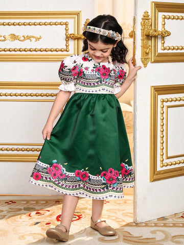 Young Girl Loose Vacation Style Floral Printed Dress With Puffy Sleeves And Round Neck,Ramandan Style Matching Family Vacation