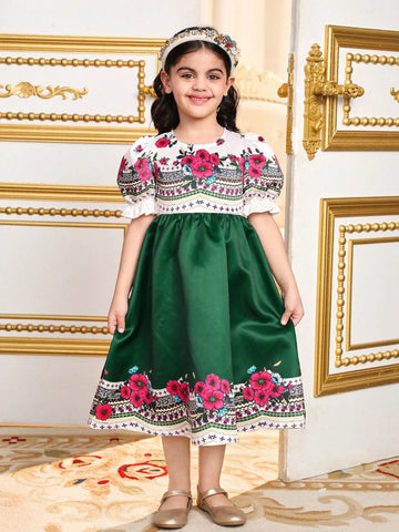 Young Girl Loose Vacation Style Floral Printed Dress With Puffy Sleeves And Round Neck,Ramandan Style Matching Family Vacation