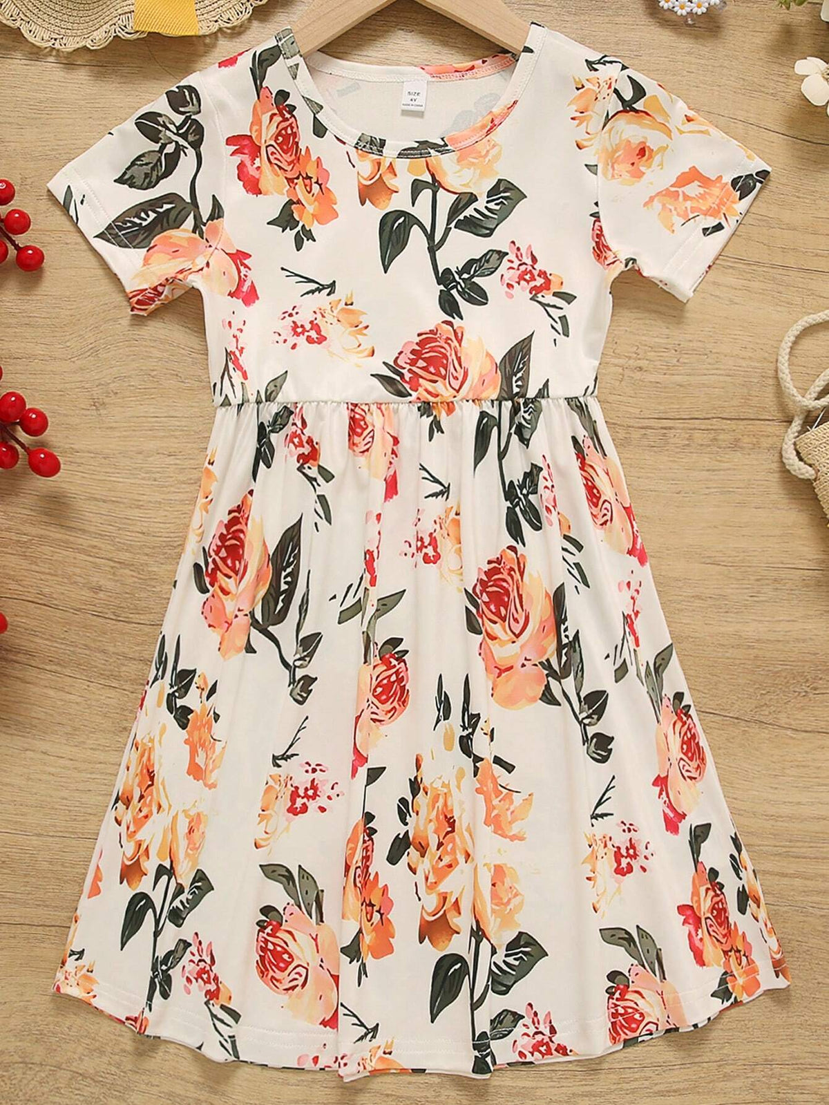 Young Girl Lovely Casual Flower Print Thin Round Neck Pullover Short Sleeve Dress For Summer