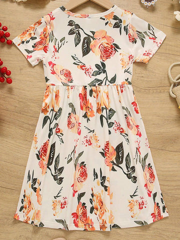 Young Girl Lovely Casual Flower Print Thin Round Neck Pullover Short Sleeve Dress For Summer