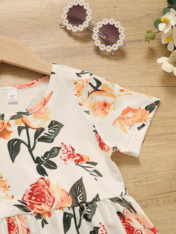 Young Girl Lovely Casual Flower Print Thin Round Neck Pullover Short Sleeve Dress For Summer